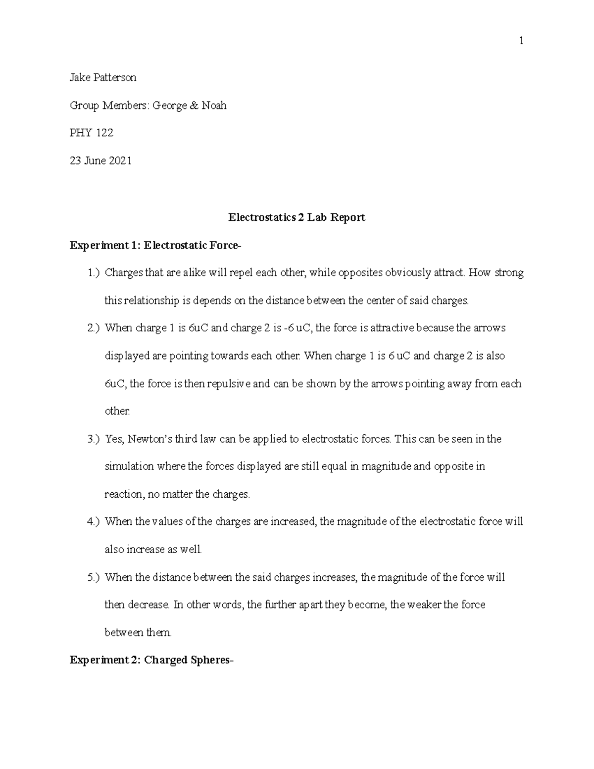 PHY 122 Electrostatics Lab Report 2: Experimental Analysis & Findings ...