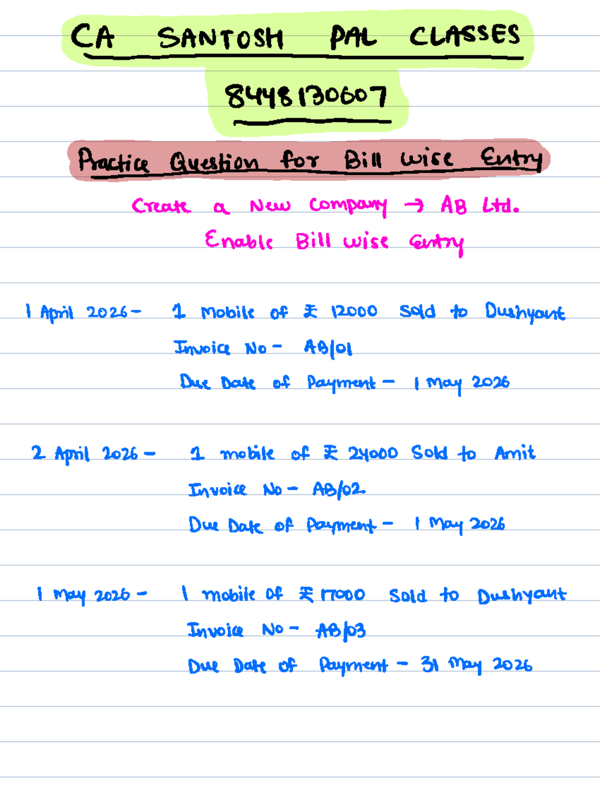 CASANTISHPALCLASSES Practice Qs for Bill Wise Entry - Studocu