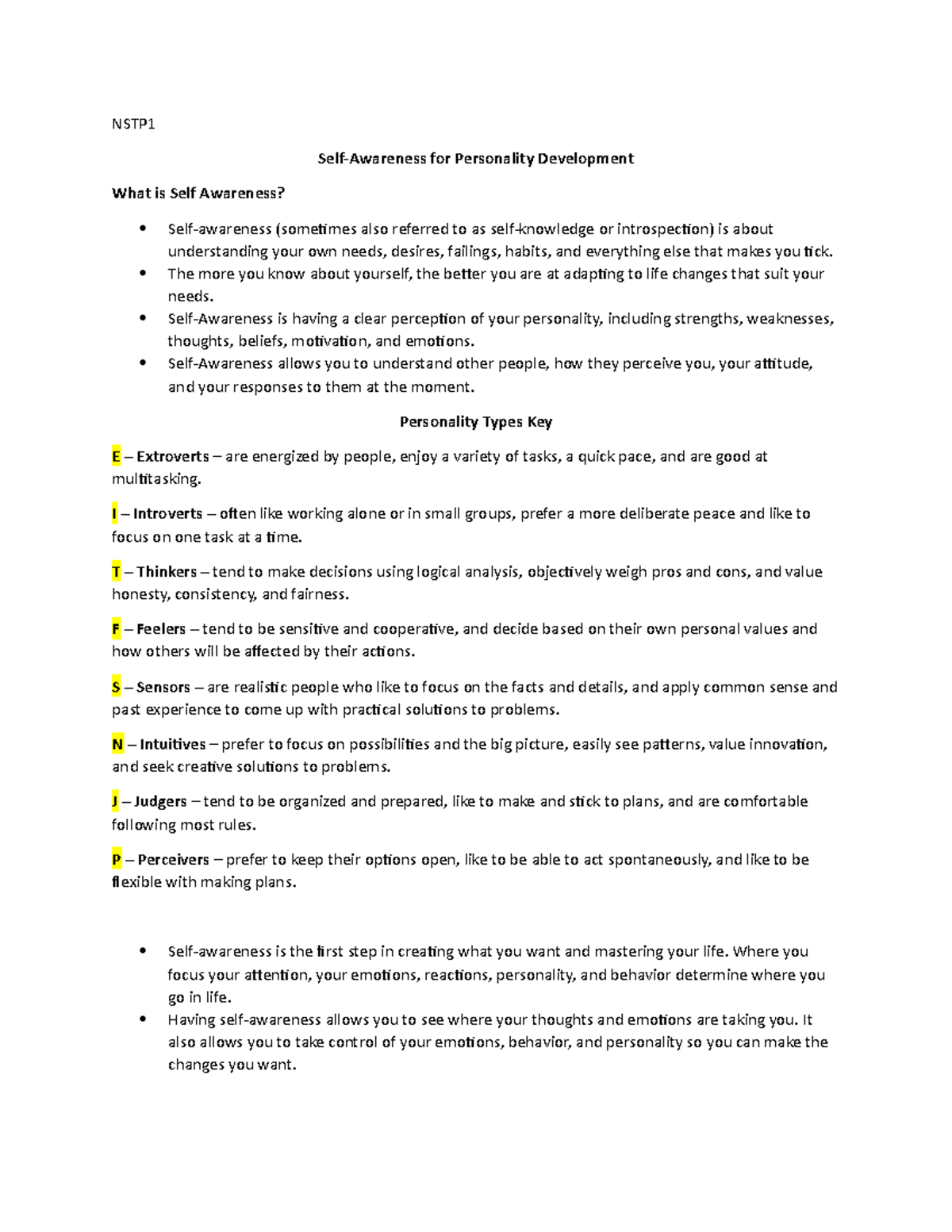 NSTP1 Self-Awareness: Key Concepts for Personality Development - Studocu