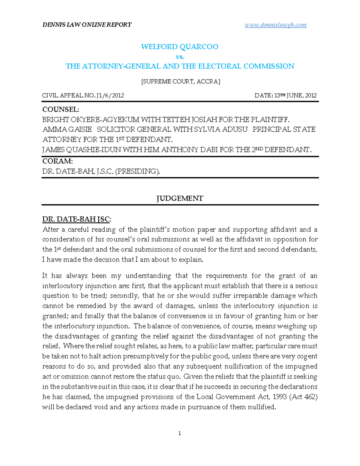 Welford Quarcoo V. THE Attornney & ORS - DENNIS LAW ONLINE REPORT ...