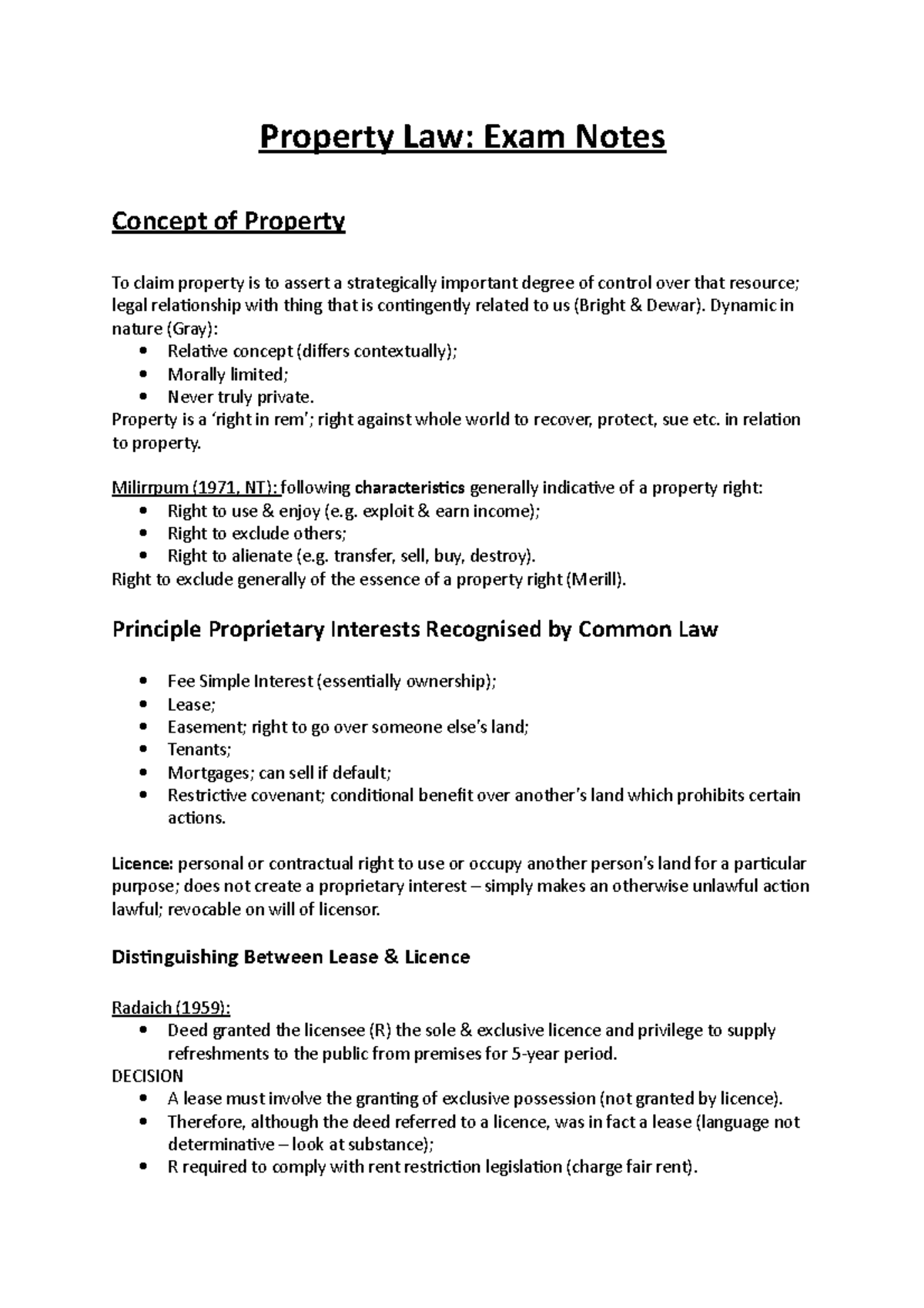 Property Law EXAM Study Notes: Key Concepts and Case Summaries - Studocu