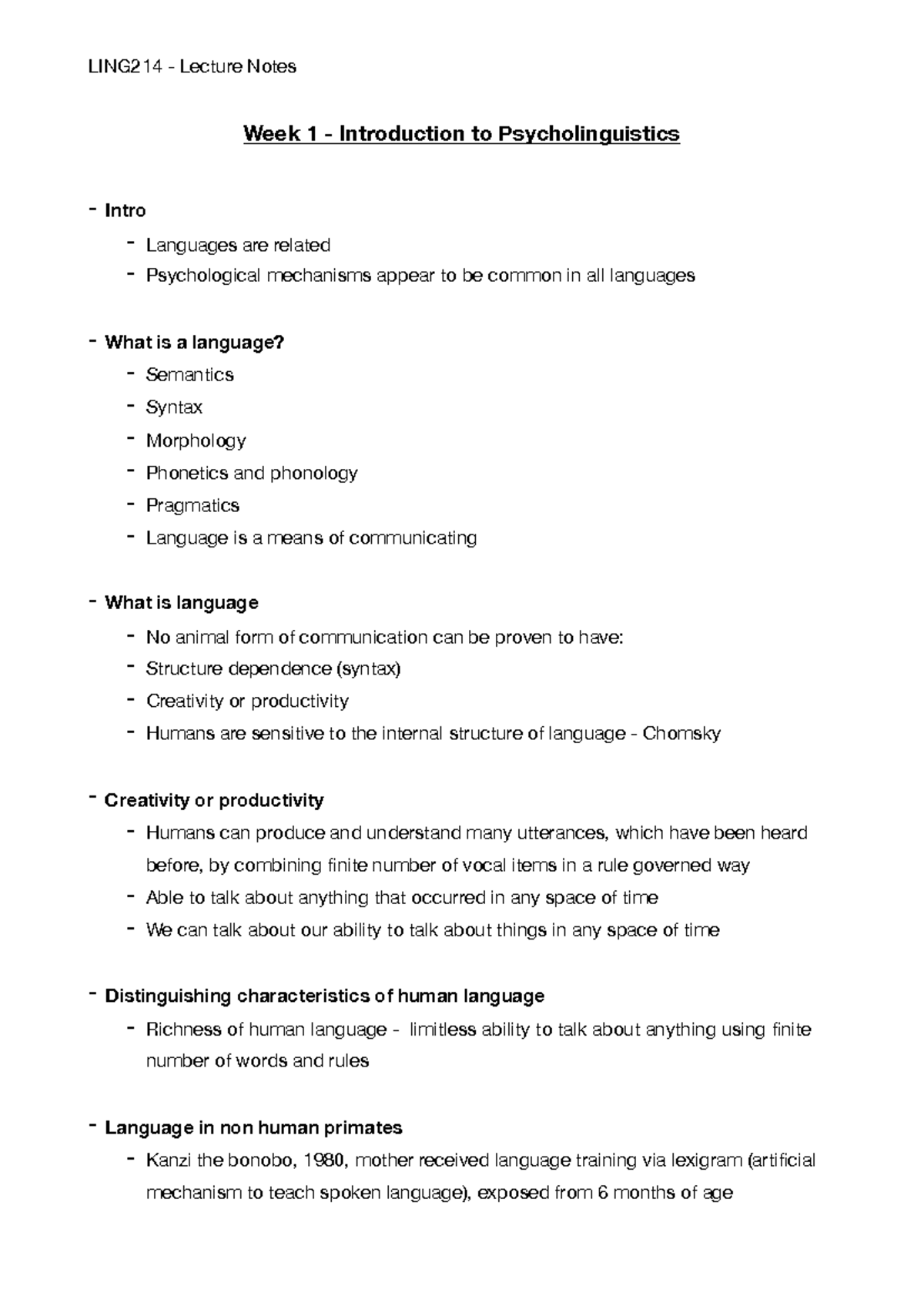 LING214 - Lecture Notes - Week 1 - Introduction to Psycholinguistics ...