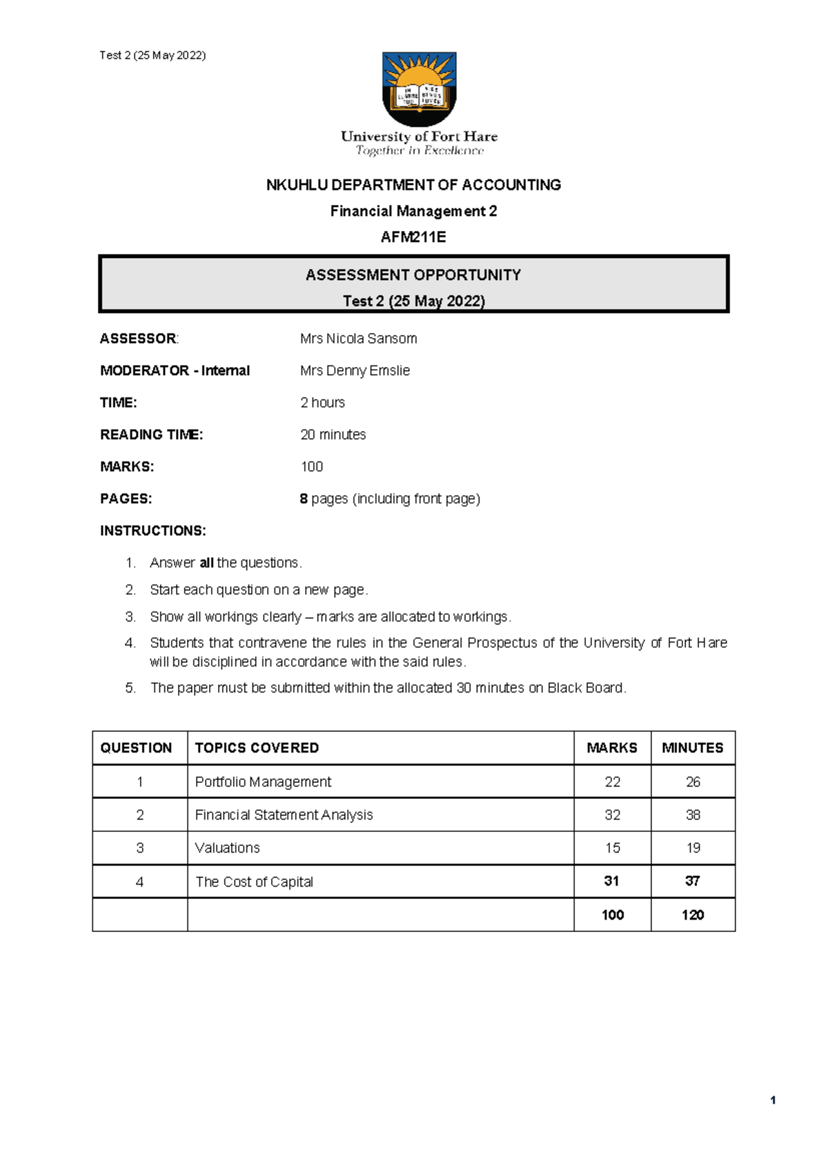 2022 - AFM211E - Financial Management 2 - Test 2 Summary - Studocu
