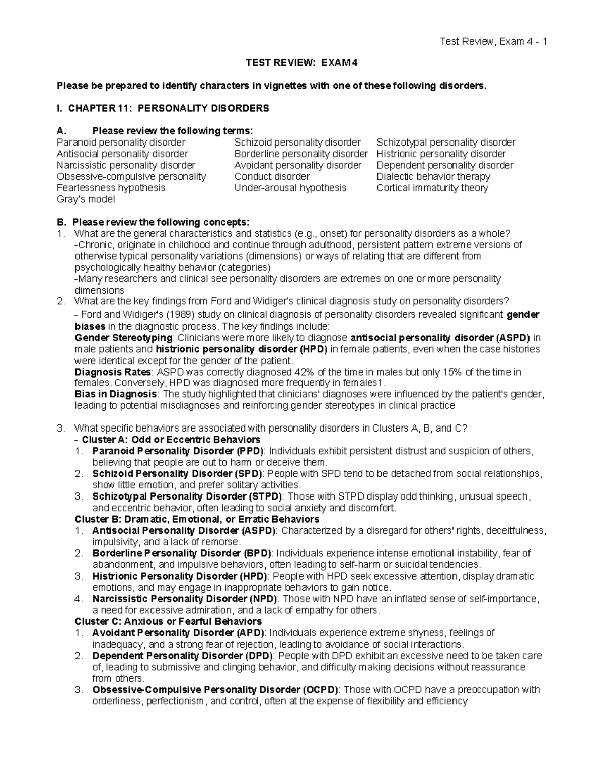 PSY168 - Exam 4 Review Guide on Personality Disorders and ...