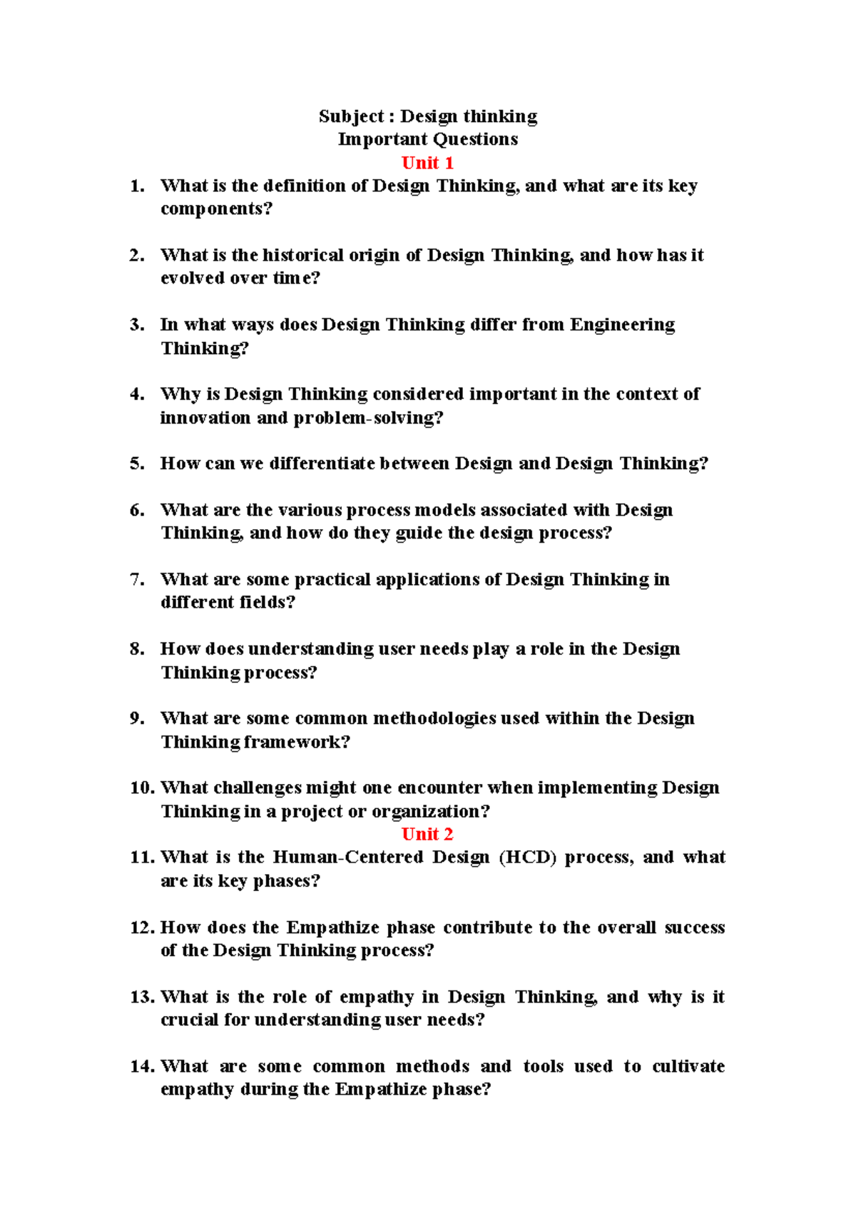 DT Important Questions for Design Thinking Course (Units 1-5) - Studocu