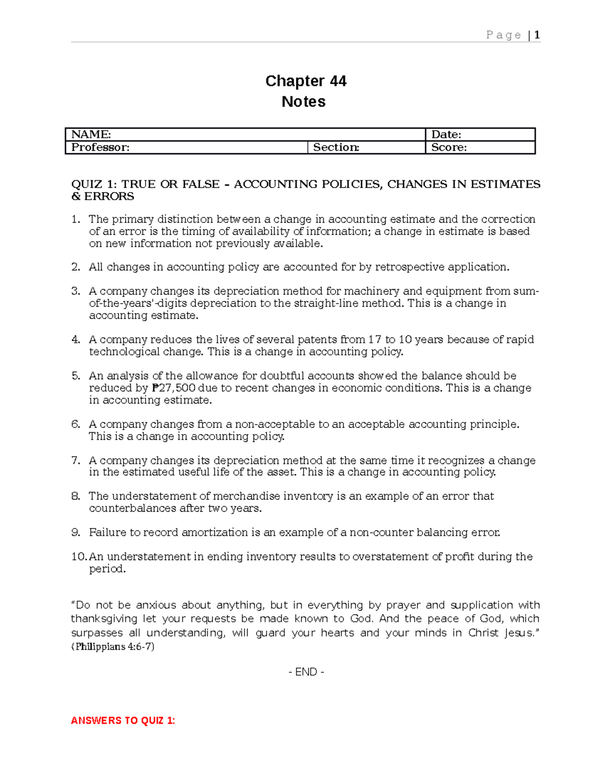 Quiz Solutions for ACCT 101: Accounting Answer Keys - Studocu