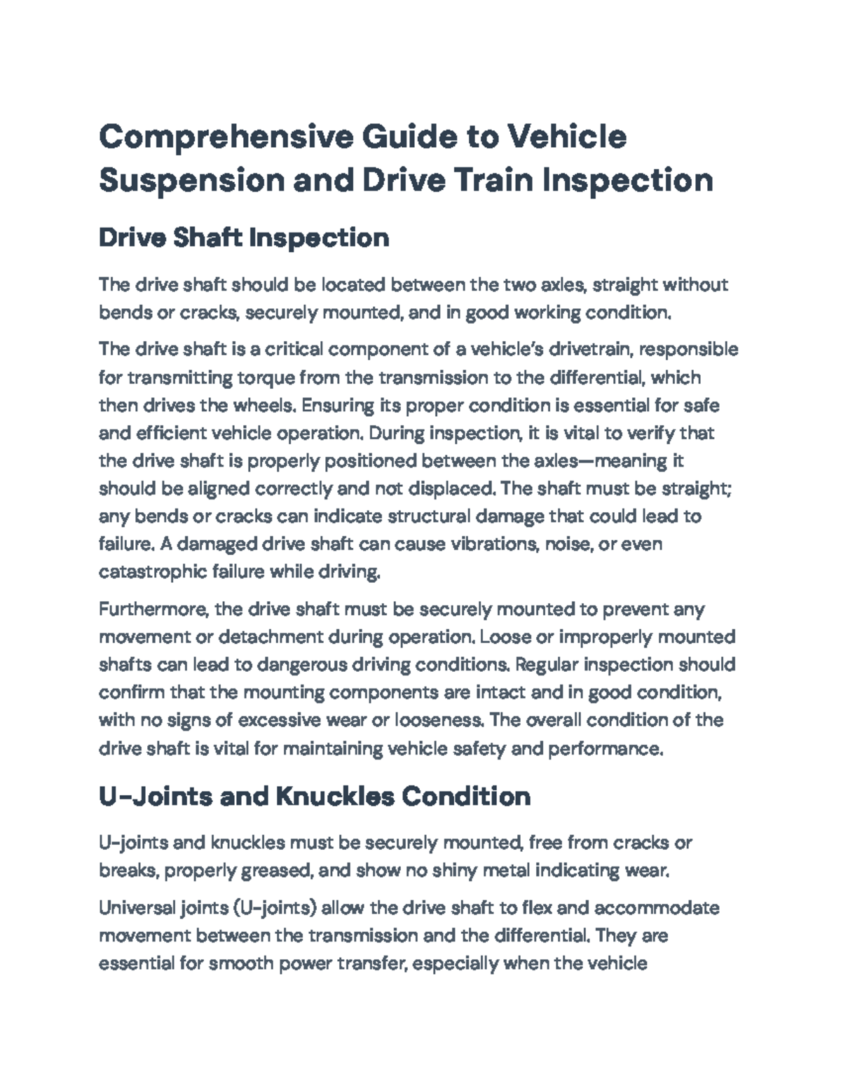 Comprehensive Vehicle Suspension & Drive Train Inspection Guide - Studocu