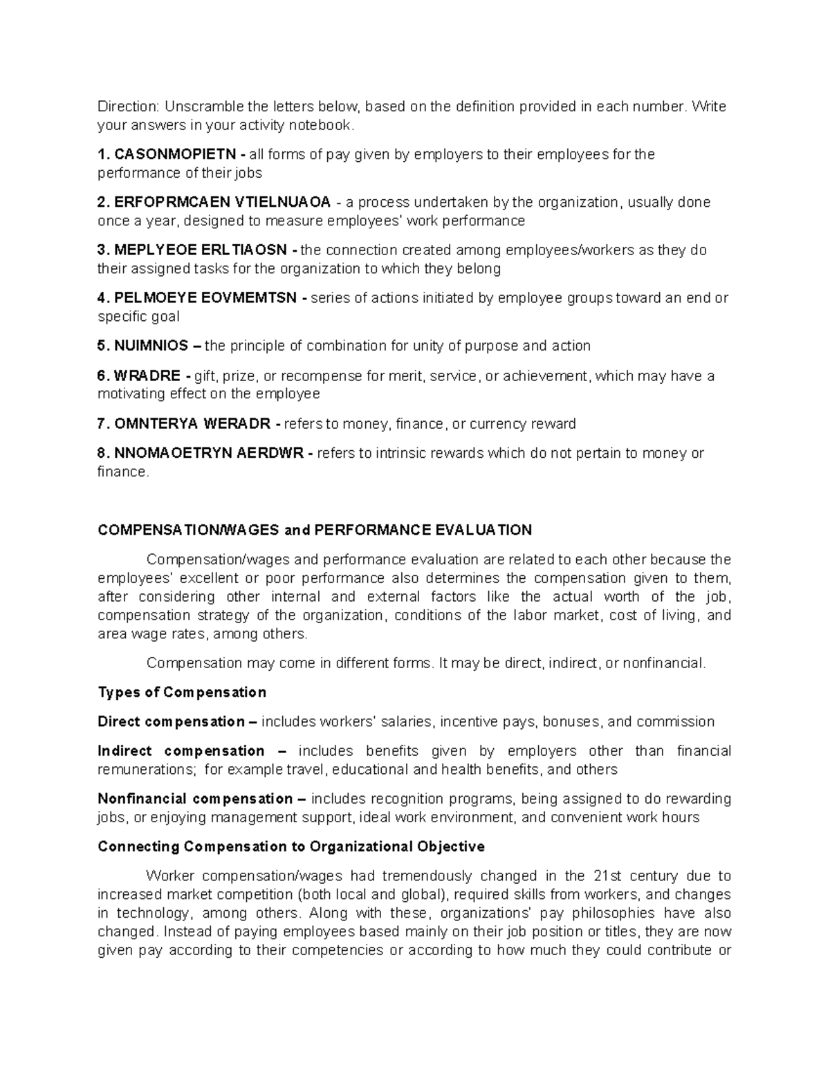 Compensation - reference - Direction: Unscramble the letters below ...