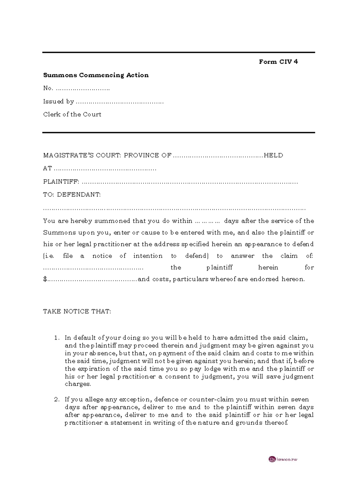 Form CIV 4 - Summons Commencing Action - Magistrates Court - Form CIV 4 ...