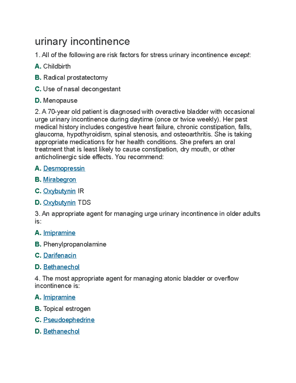 Urinary Incontinence Management - Chapter 35 Study Guide - Studocu