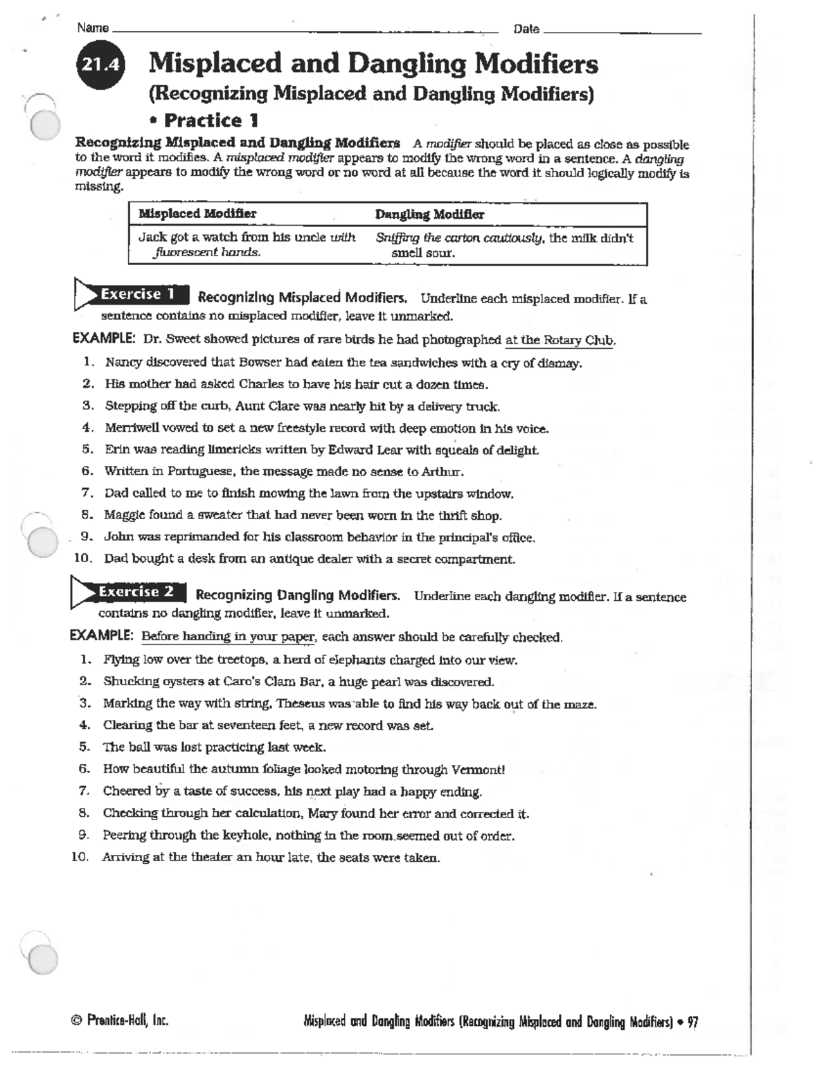 Misplaced and Dangling Modifier Practice Exercises - Studocu