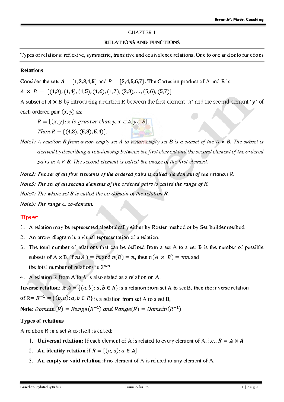 Maths Coaching CHAPTER 1: Relations & Functions Overview - Studocu