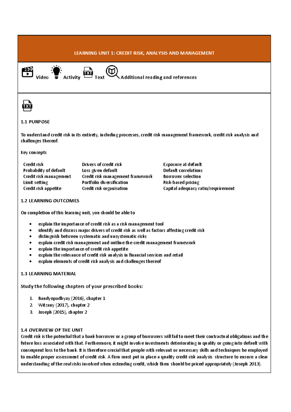 RSK4804 B0 LS05 001 - Credit Risk Analysis & Management Lesson 1 - Studocu