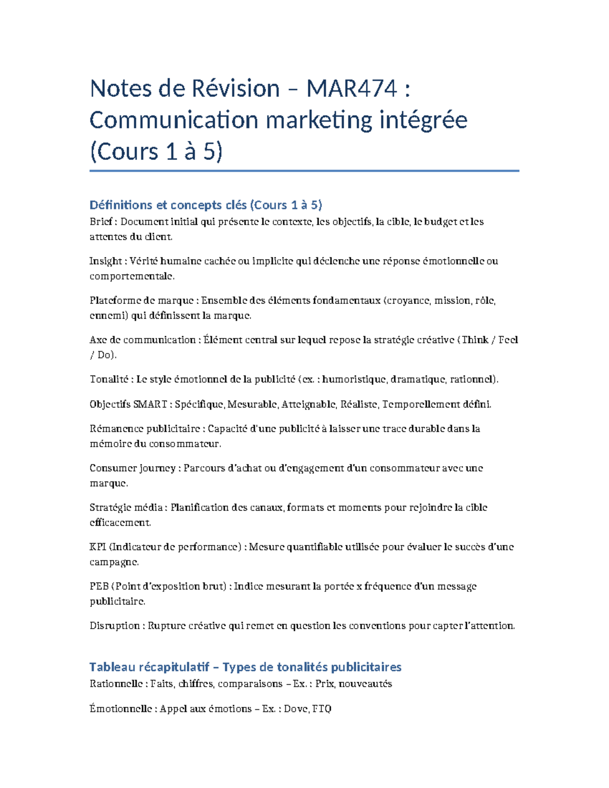 Notes de Révision MAR474 : Communication Marketing Intégrée (Cours 1-5 ...