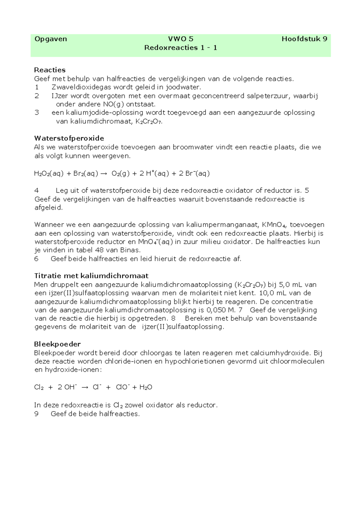 Opgaven Redoxreacties VWO 5 Hoofdstuk 9 - Oefeningen en Halfreacties ...
