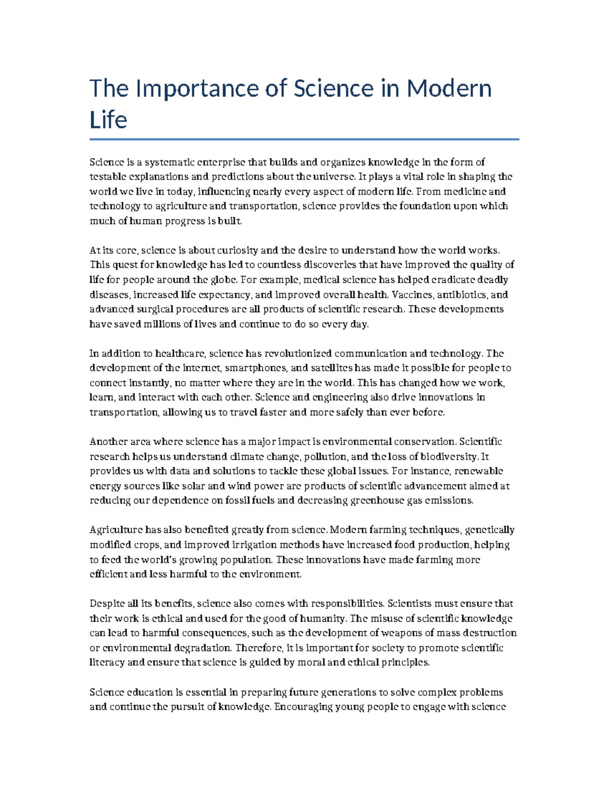 The Role of Science in Modern Life: Impacts and Responsibilities - Studocu