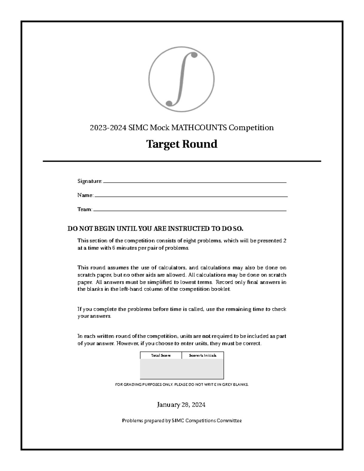 SIMC Mock MATHCOUNTS Competition Target Round Problems and Instructions ...
