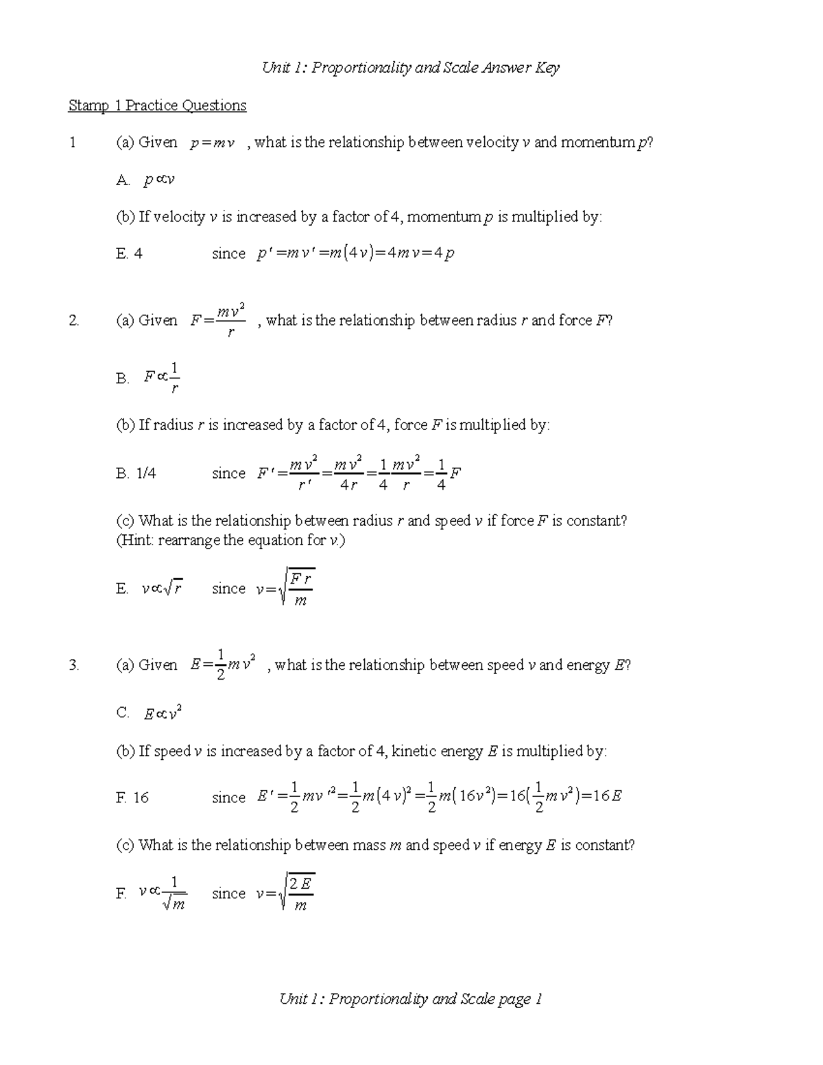 Unit 1 Proportionality and Scale Guide + Answers V1 - Stamp 1 Practice ...