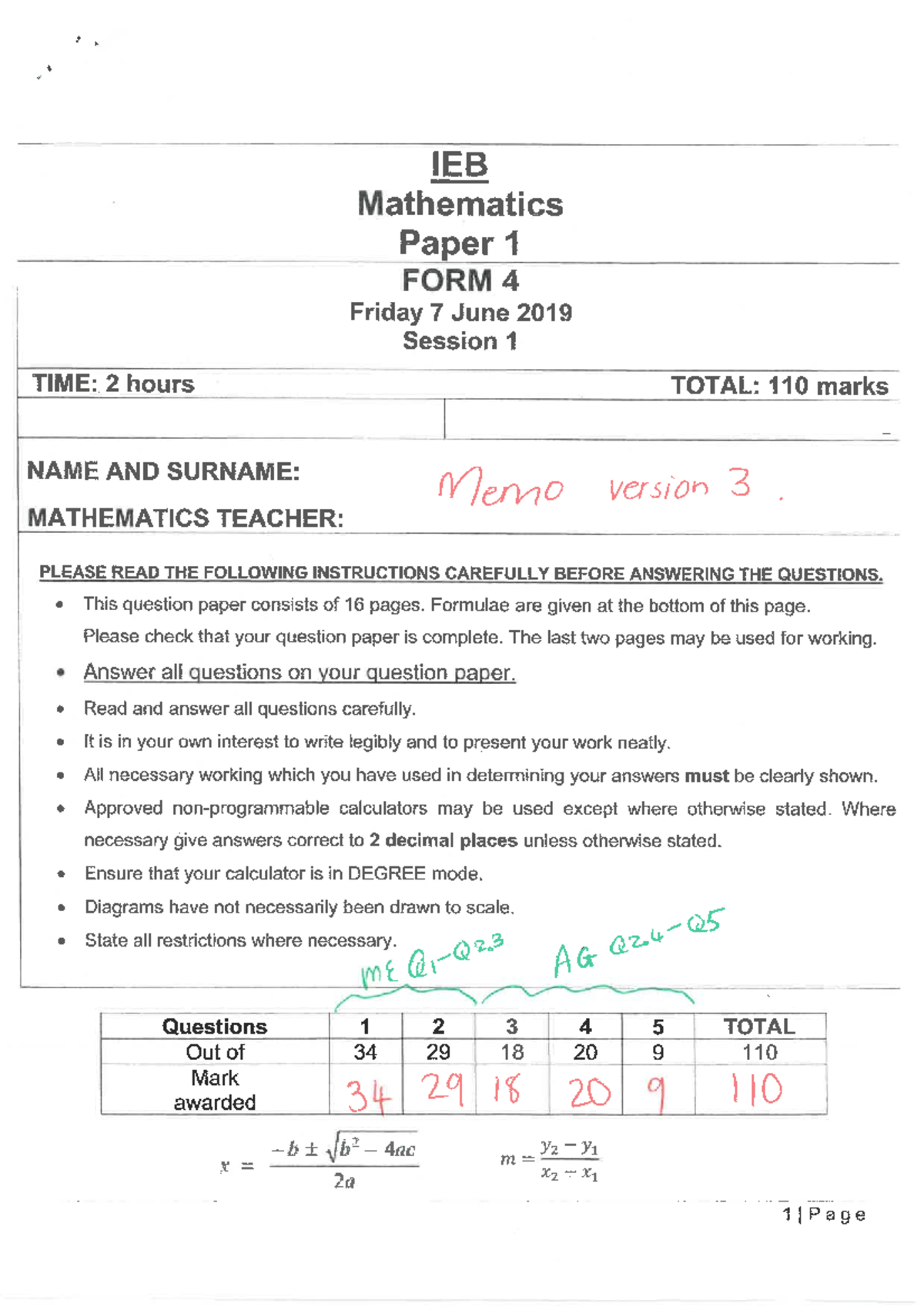 IEB Mathematics Paper 1 Memo - Grade 11 June 2019 - Studocu