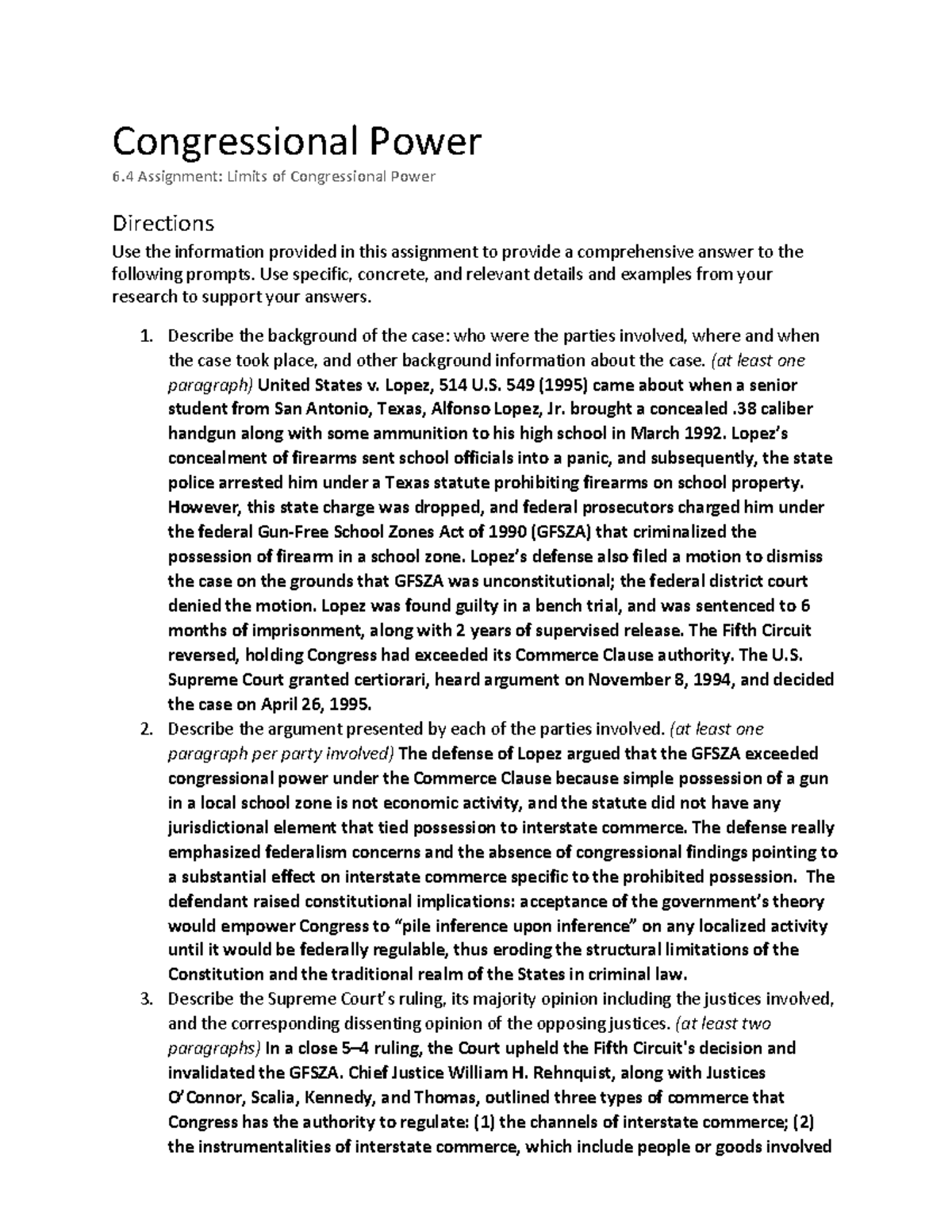 6.4 Assignment: Analyzing Limits of Congressional Power in U.S. v ...