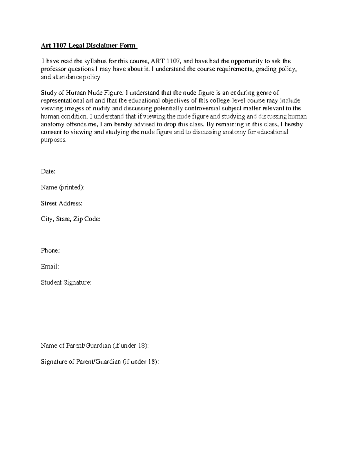 Art 1107 Legal Disclaimer Form - I understand the course requirements ...
