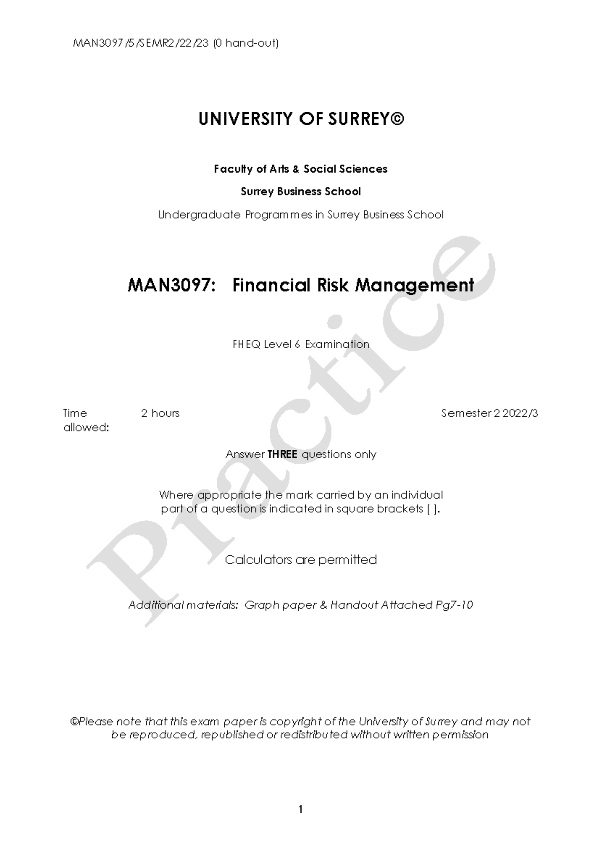 MAN3097: Financial Risk Management Practice Exam Paper - Studocu