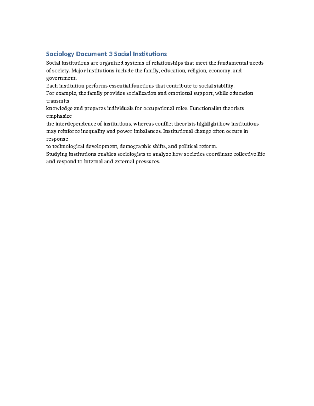 Sociology 101: Social Institutions and Their Functions - Studocu