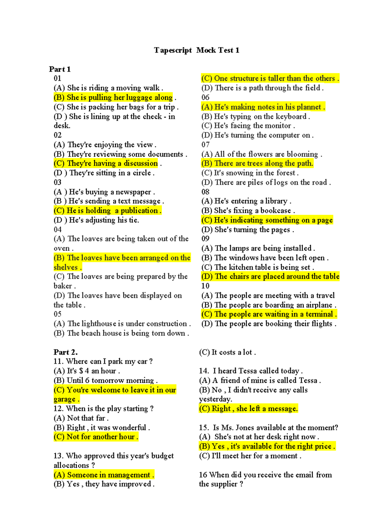 Tapescript Mock Test 1 Key - Listening Comprehension Practice - Studocu