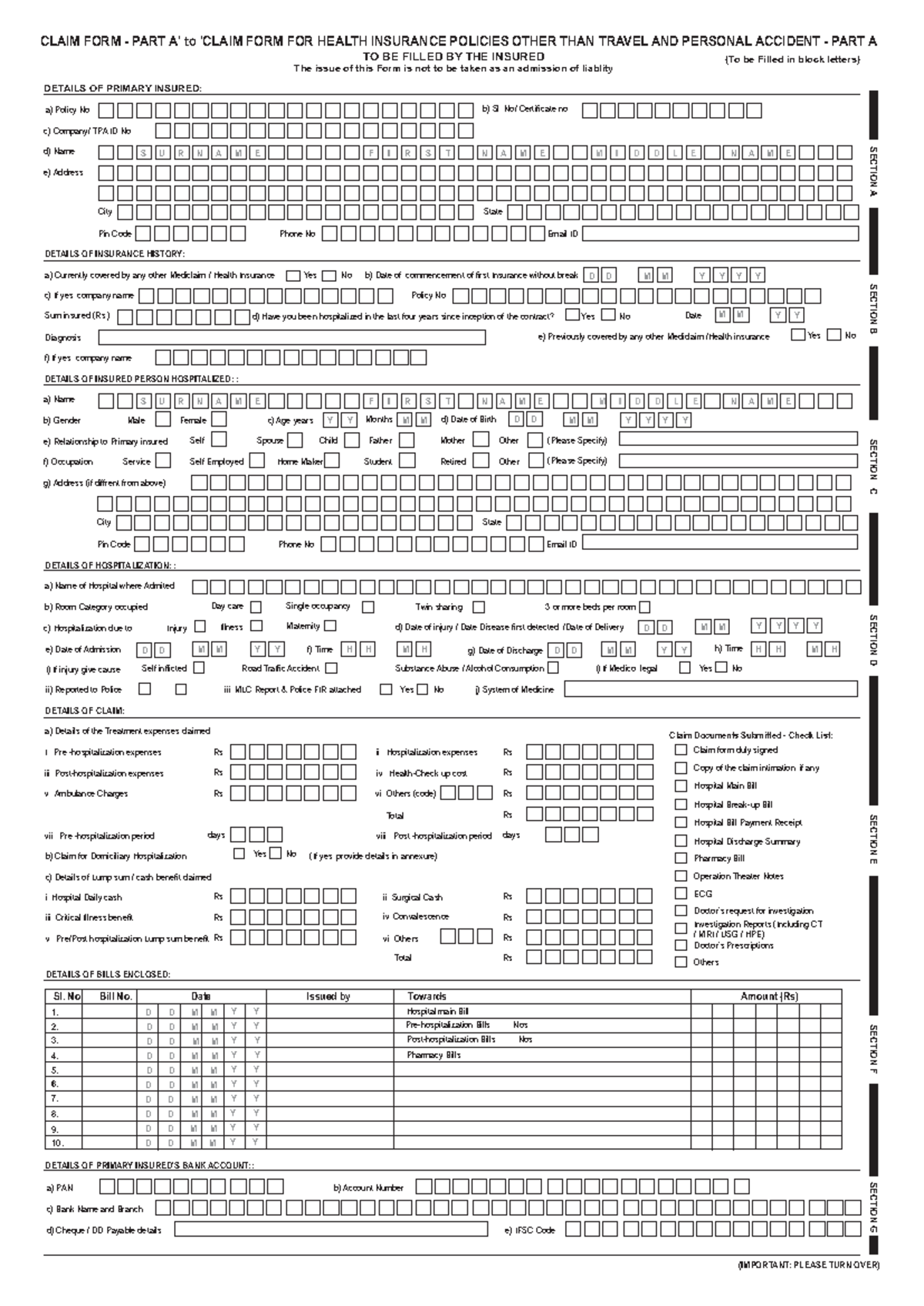 IRDA Claim Form for Health Insurance Policies - Part A - Studocu