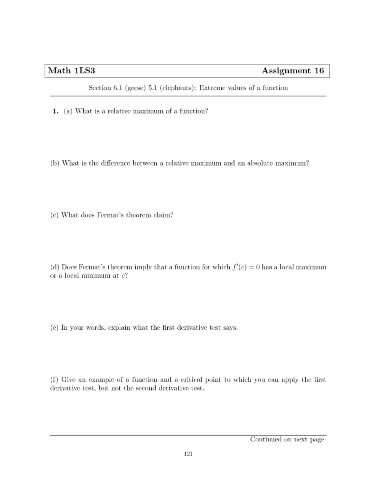 Math 1LS3 Assignment 16-18: Extreme Values & Limit Problems - Studocu
