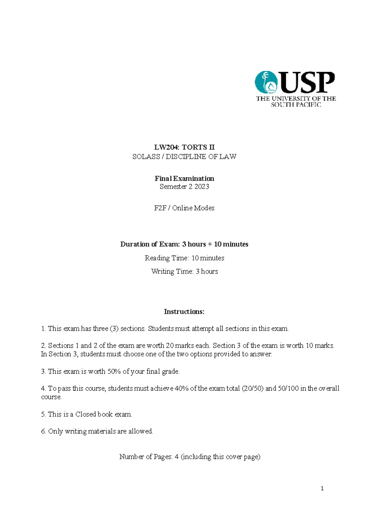LW204 Final Exam Paper - Torts II S2 2023 - Oct 5, 2023 - Studocu