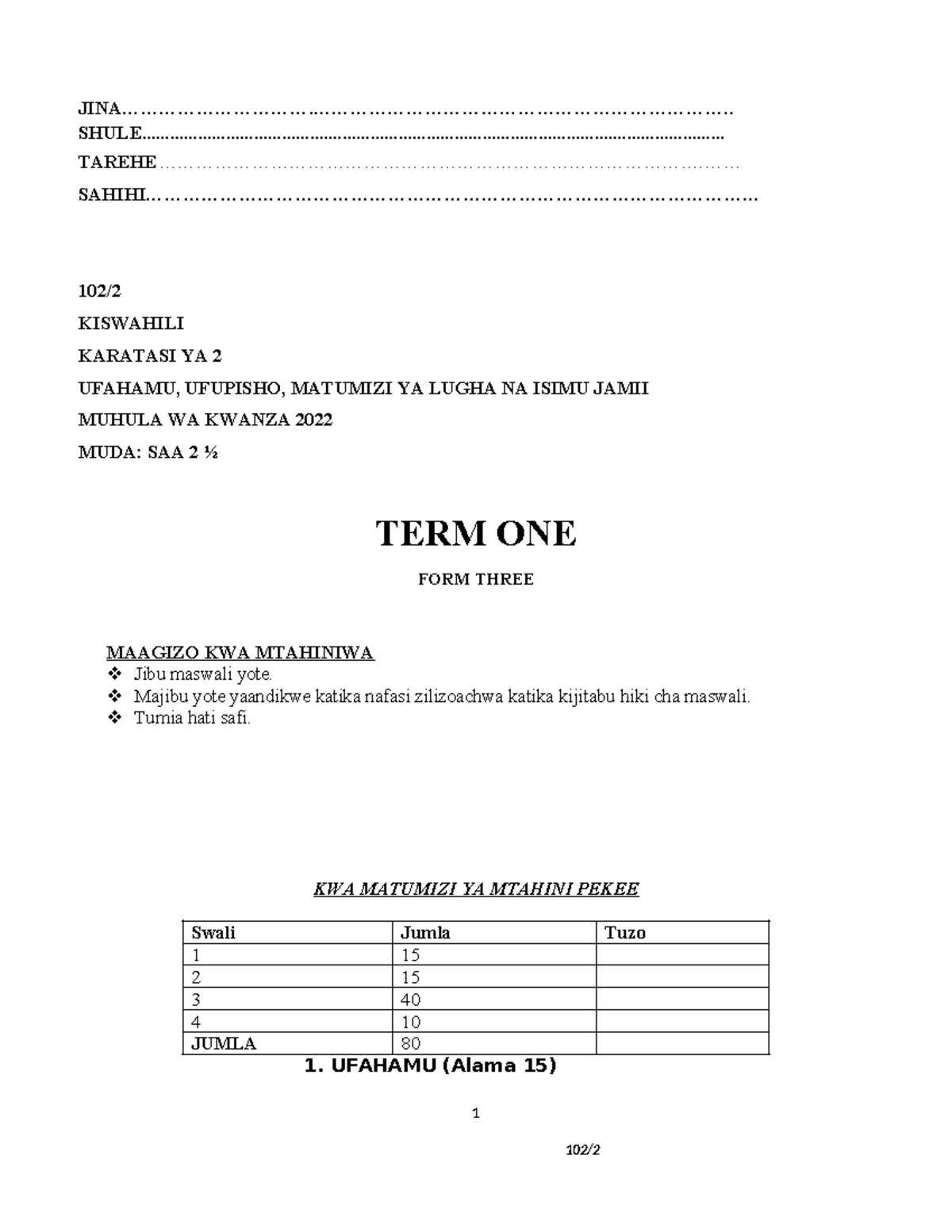 Kiswahili P2 FORM 3 2022 END TERM 1 Teacher - - Studocu
