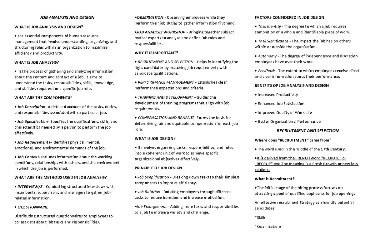 JOB ANALYSIS AND DESIGN: A Comprehensive Review for HR Management - Studocu