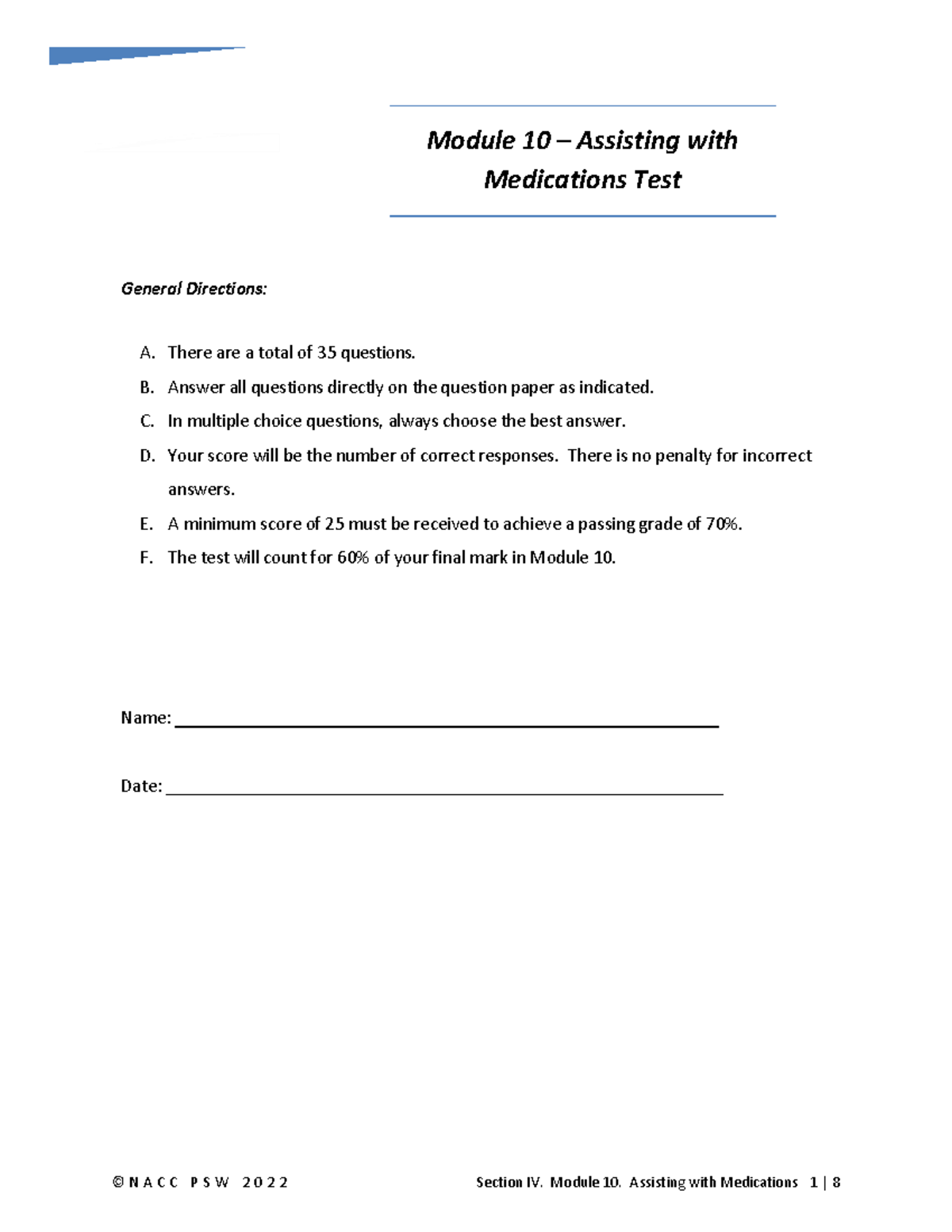 Module 10: Assisting with Medications Test Instructions and Questions ...