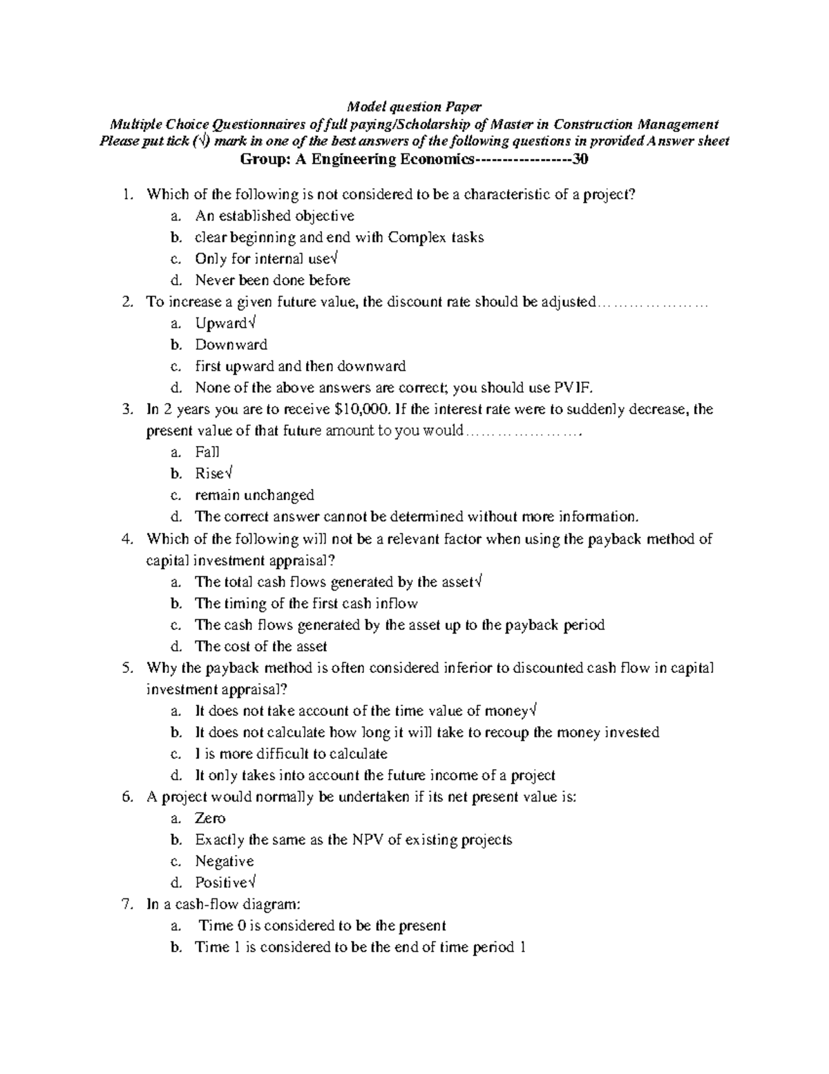 MCQ Practice Exam for Master in Construction Management (Aug 2014 ...
