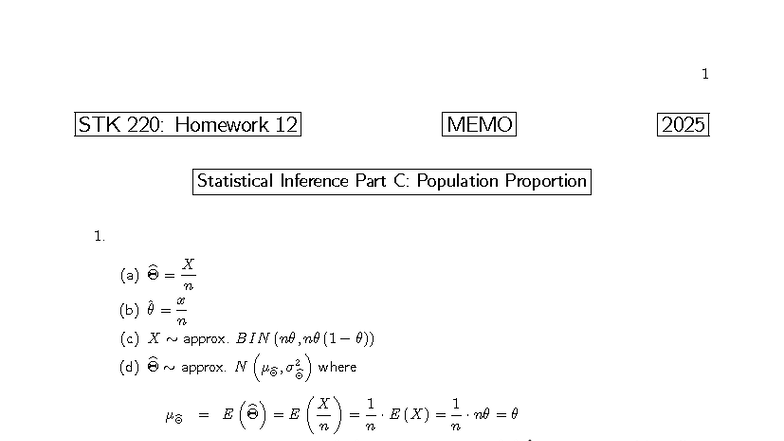 1 STK 220: Homework 12 Memo on Statistical Inference - Population ...