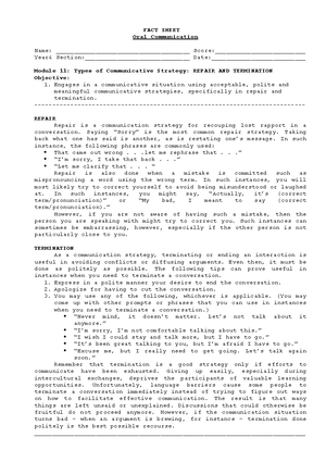 Fact sheet - Topic Control - FACT SHEET Oral Communication Name: - Studocu