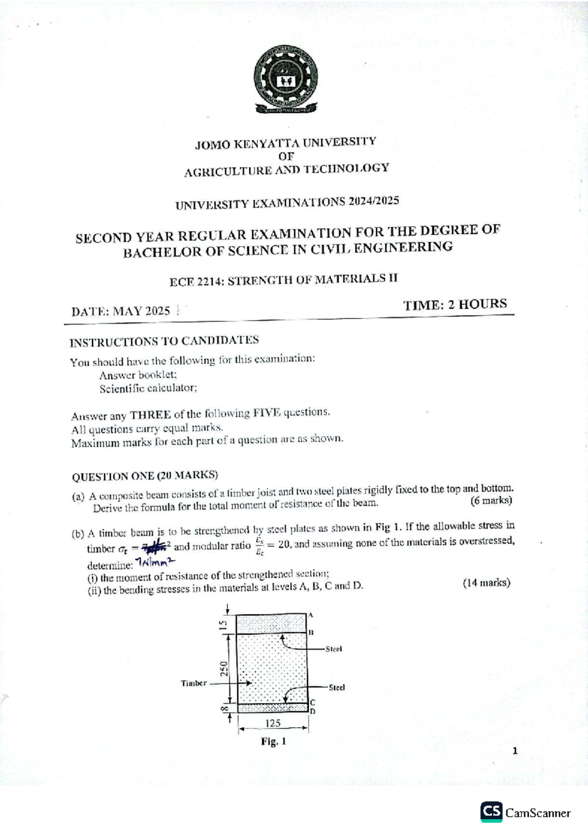 ECE 2214 Strength of Materials II SOM 2 Past Exam