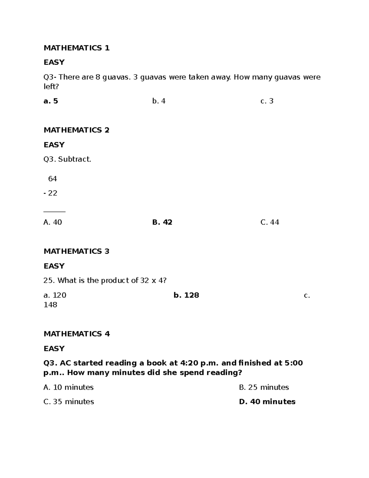 MATHEMATICS & SCIENCE QUIZ BEE - EASY & AVERAGE QUESTIONS - Studocu