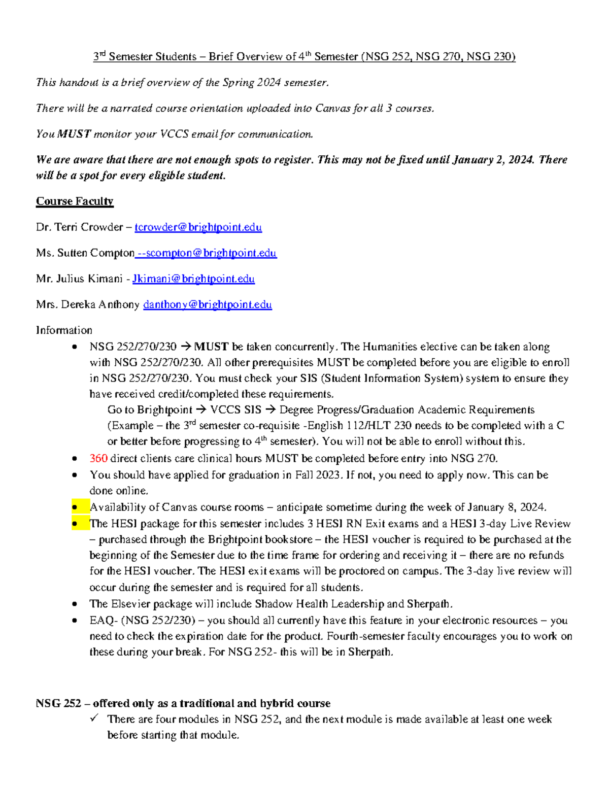 4th Semester Overview for NSG 252, NSG 270, NSG 230 (Spring 2024) - Studocu