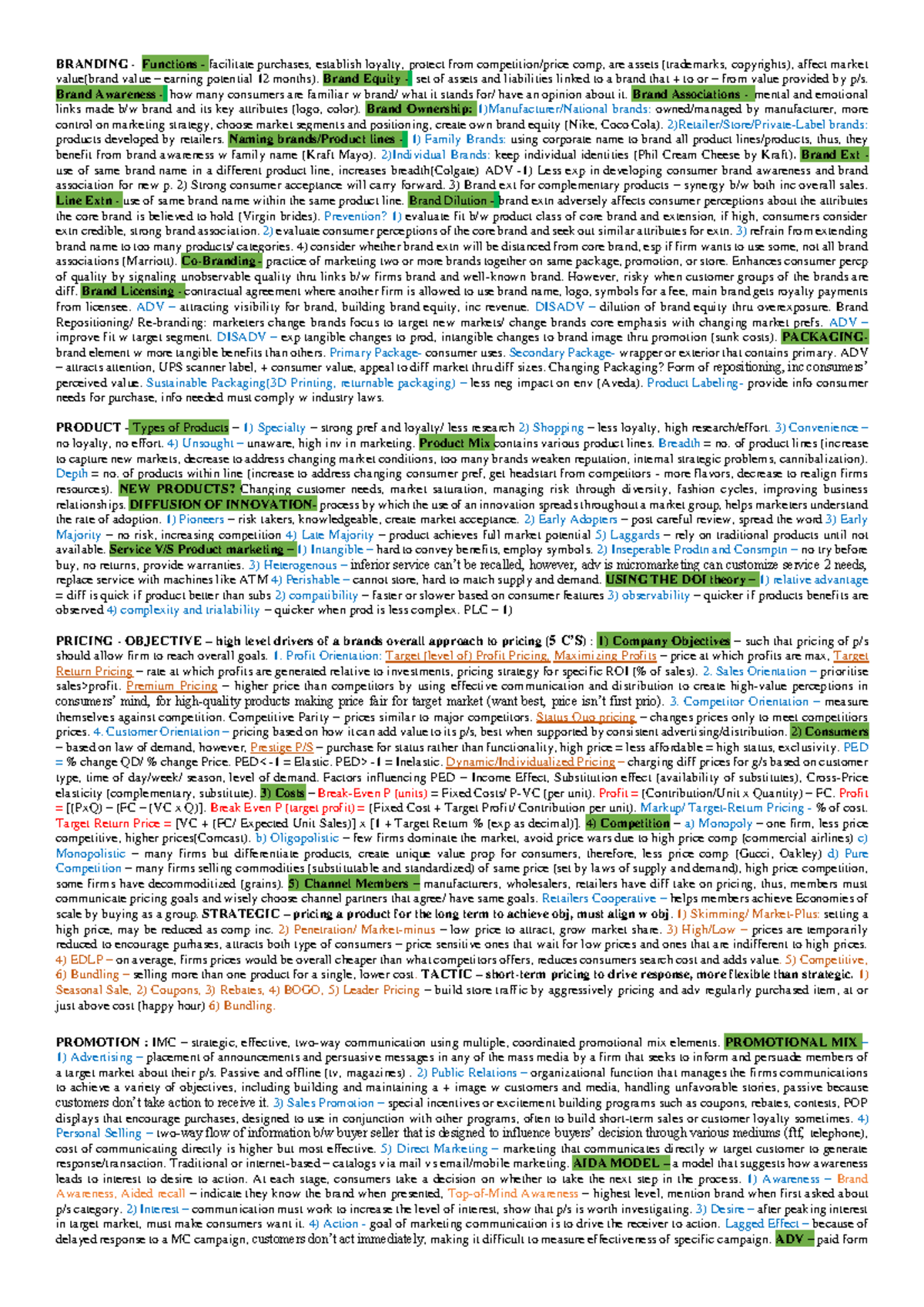 MKT 301 Final Exam Cheat Sheets: Key Concepts in Branding, Pricing ...