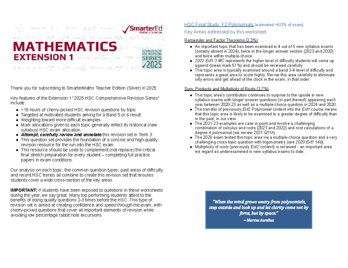 HSC MATH EXT1 Final Study: Polynomials, Remainder & Factor Theorems ...
