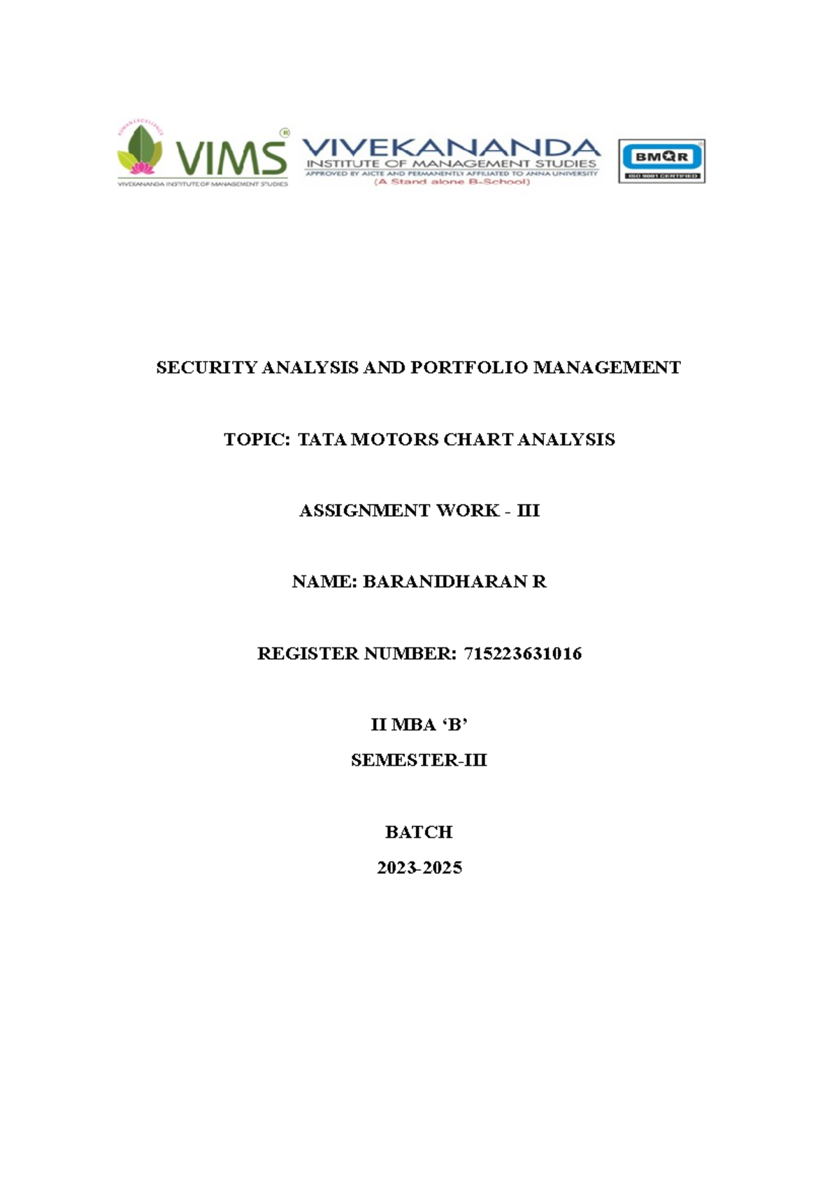 SAPM Assignment 3 - SECURITY ANALYSIS AND PORTFOLIO MANAGEMENT TOPIC ...