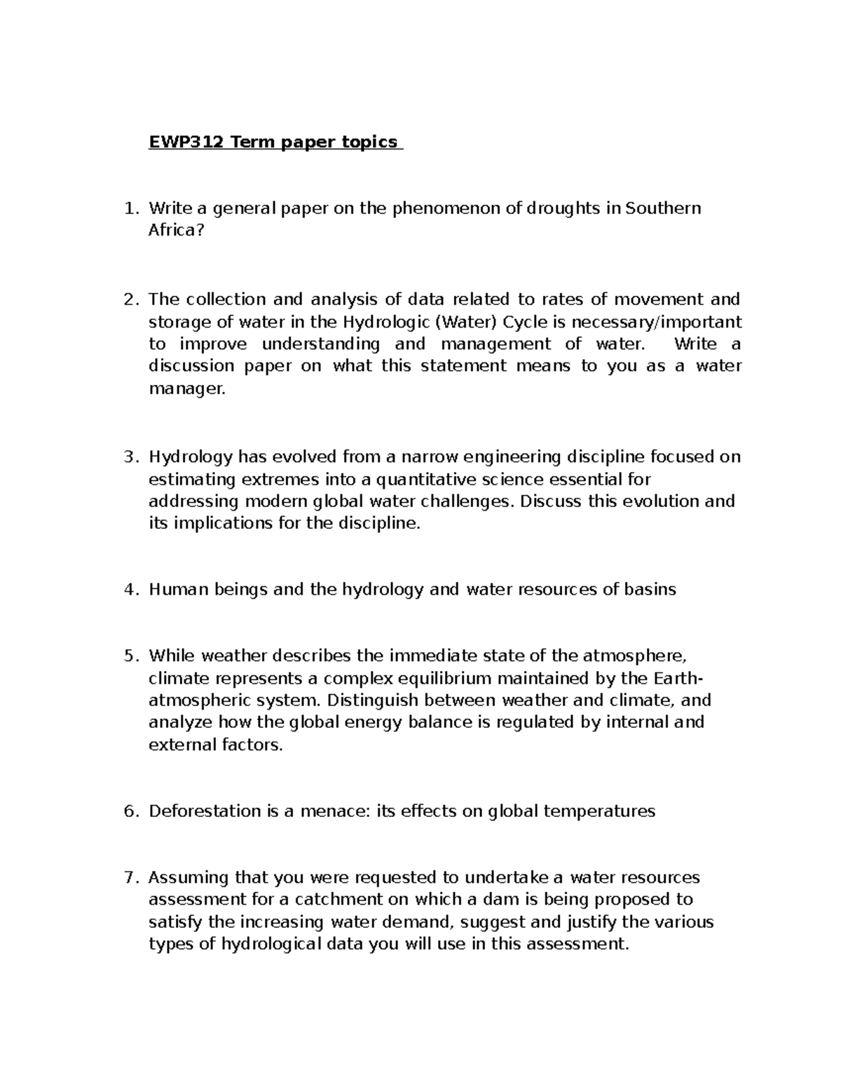 EWP312 Term Paper Topics: Exploring Droughts & Water Management Issues ...