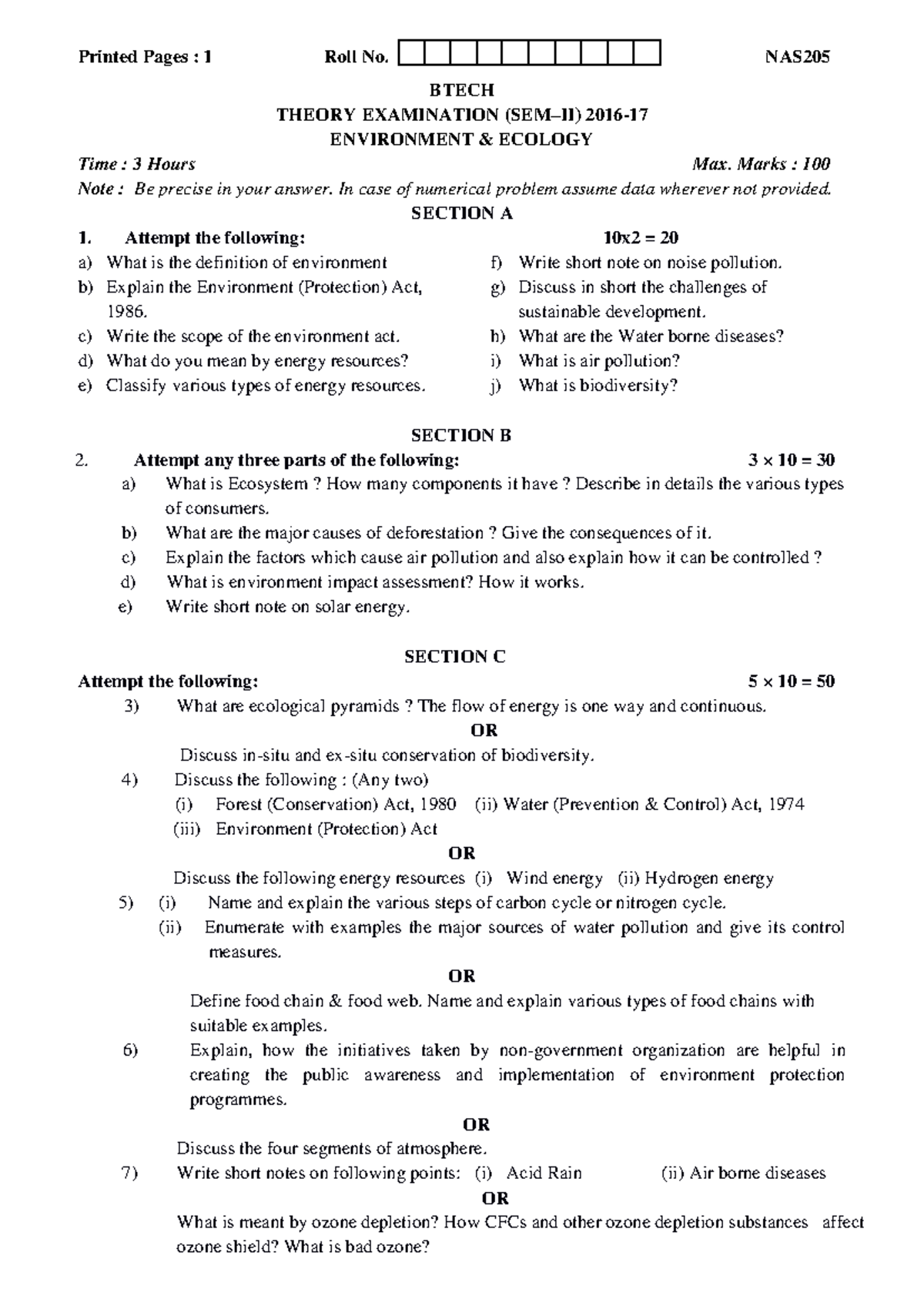 Environment & Ecology Theory Exam Notes - BTECH 2016-17 (SEM-II) - Studocu