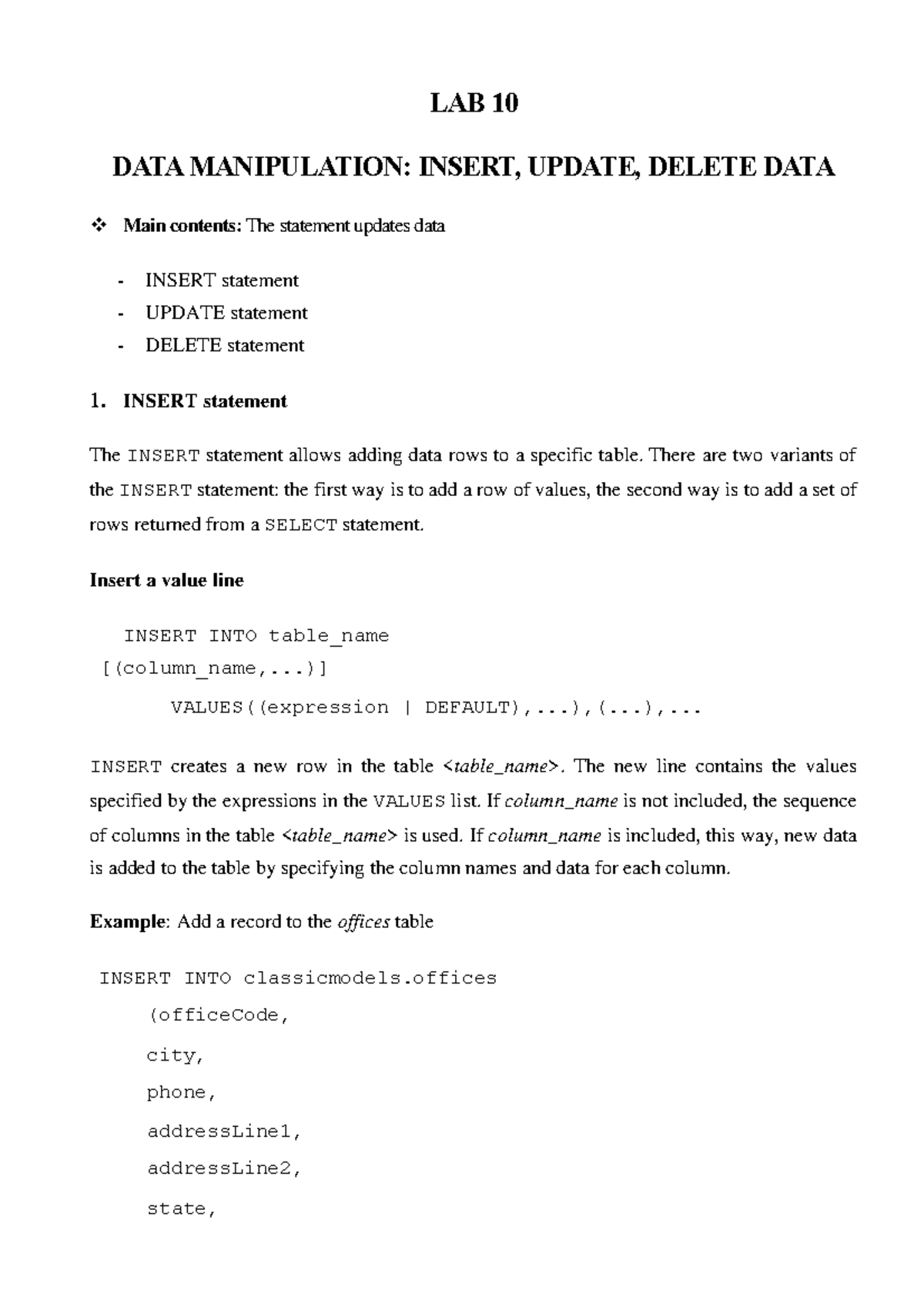 LAB10 Mysql - Data Manipulation - LAB 10 DATA MANIPULATION: INSERT ...