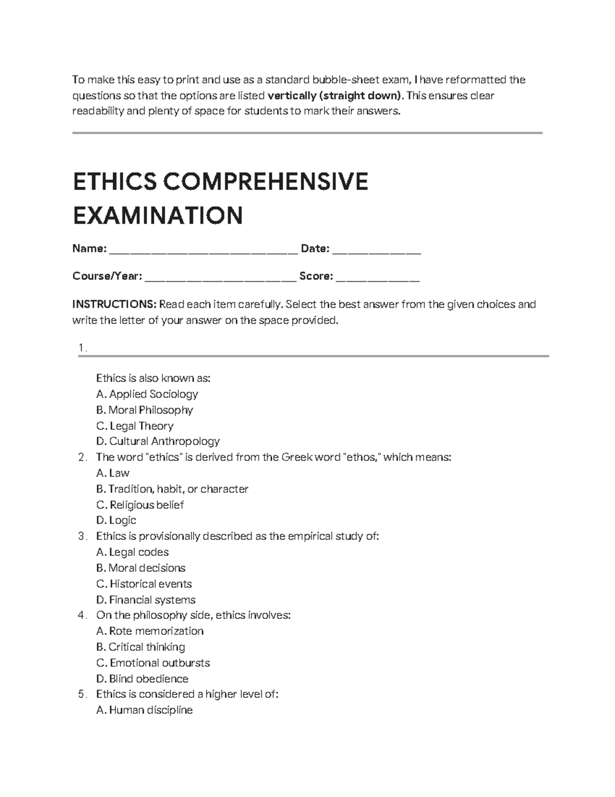 ETHICS 101: Comprehensive Examination Guide - Studocu