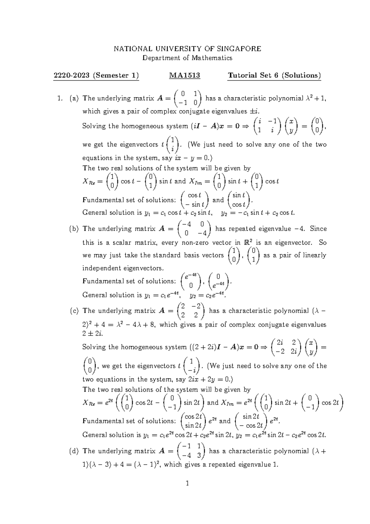 Tutorial Set 6 solutions - NATIONAL UNIVERSITY OF SINGAPORE Department ...