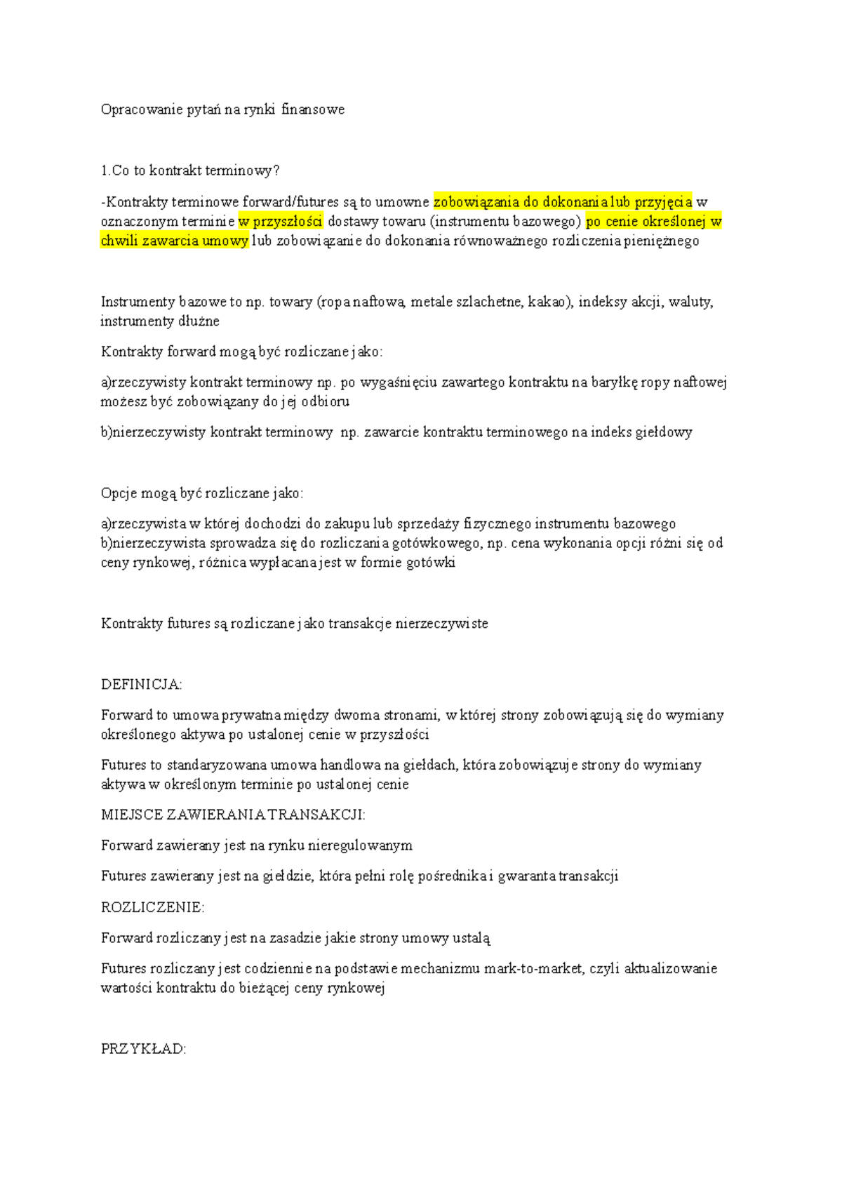 Opracowanie pytań na rynki finansowe - materiały do nauki - Document Preview