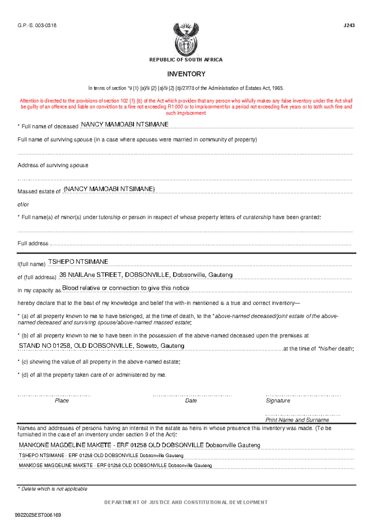 J243 - Inventory - Legal practice - G.-S. 003-0318 J REPUBLIC OF SOUTH ...